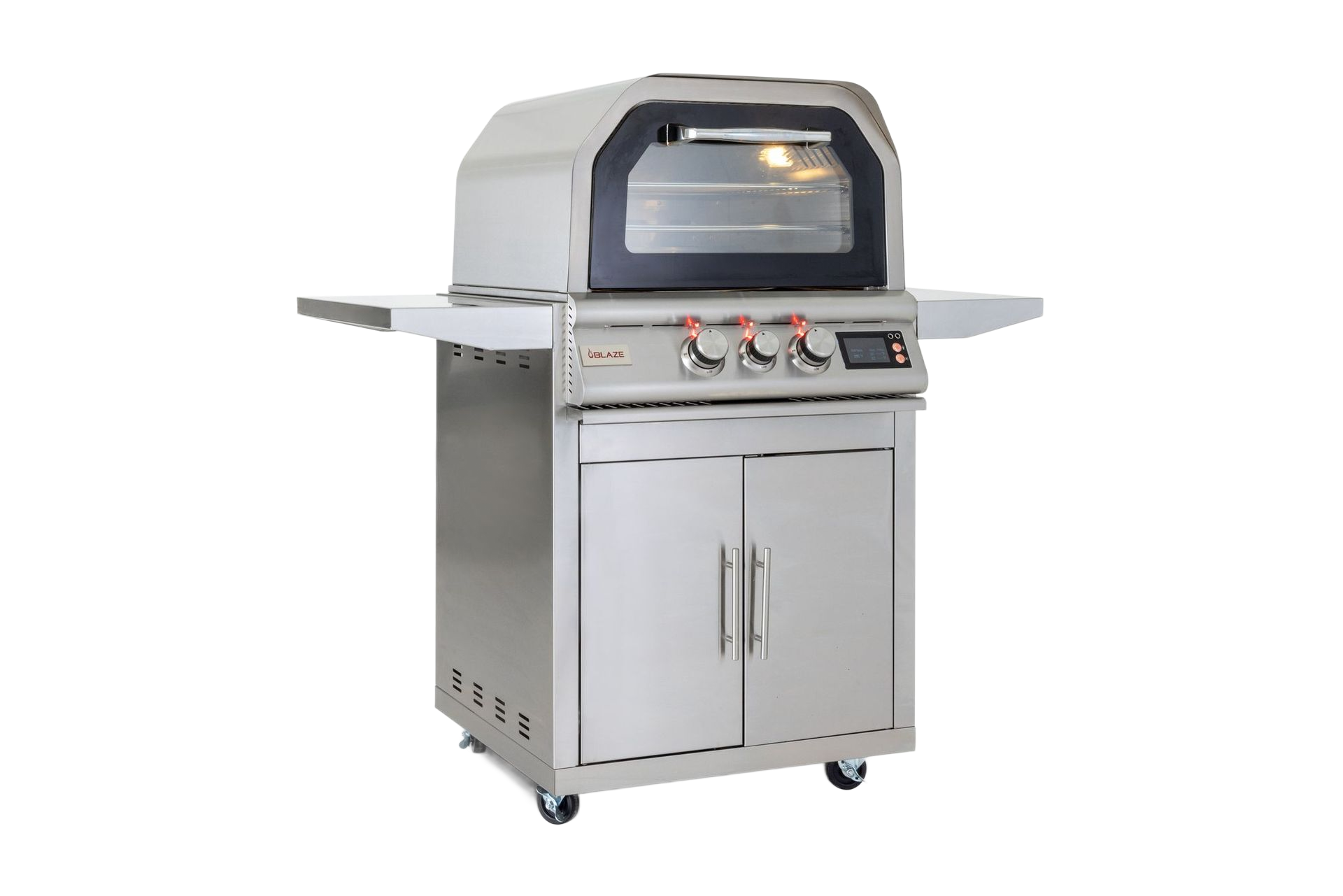 Stainless steel outdoor grill cart with a glass-window lid, side shelves, and base cabinet doors on wheels.