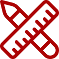A dark red icon of a pencil crossed with a ruler, representing design, drafting, or education.