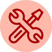 A dark red wrench and screwdriver crossed over each other inside a light red circle.