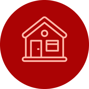 A light-colored line icon of a house, centered inside a solid dark red circle.