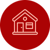 A light-colored line icon of a house, centered inside a solid dark red circle.
