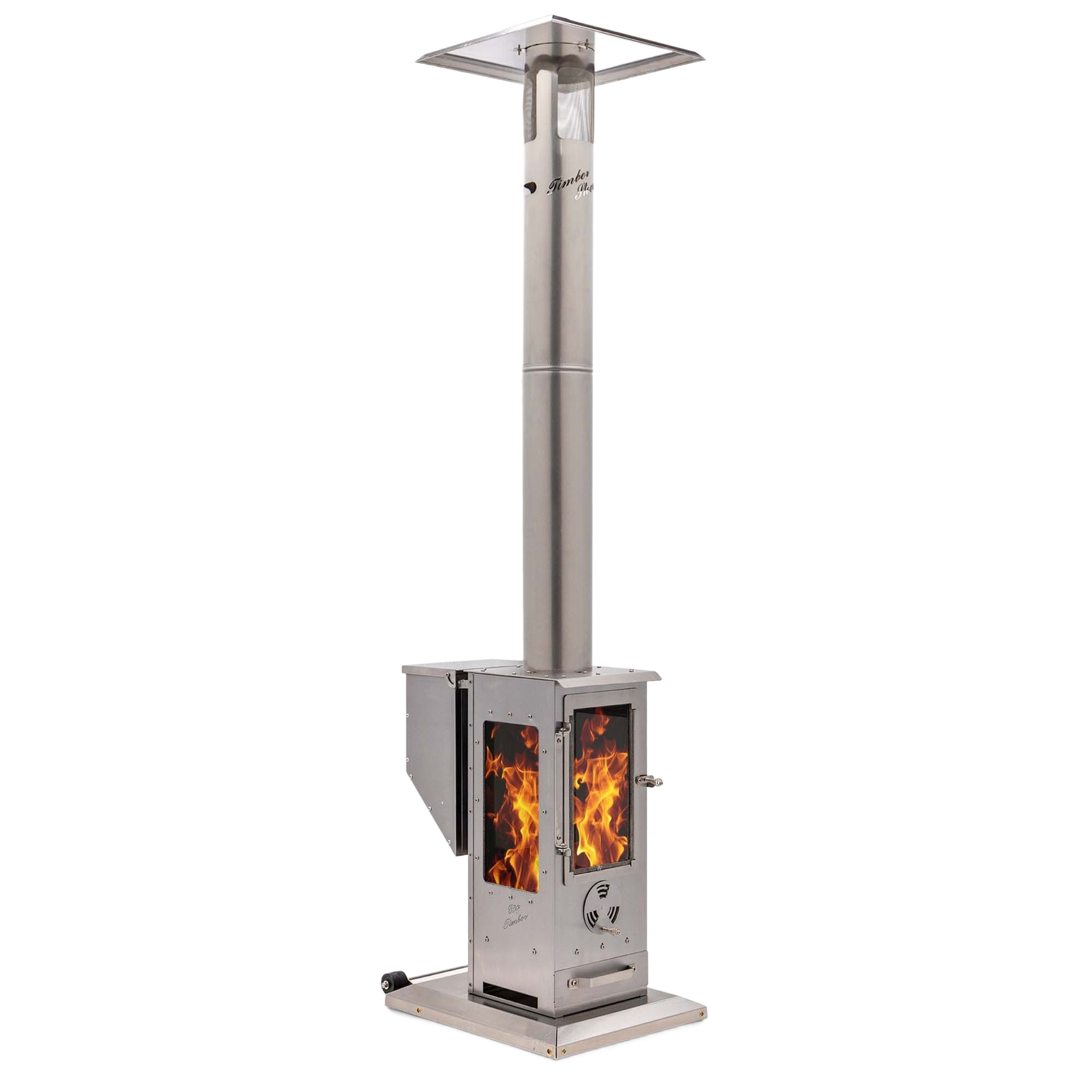 A silver outdoor pellet stove with a tall vertical chimney and a glass-front fire chamber showing active flames.