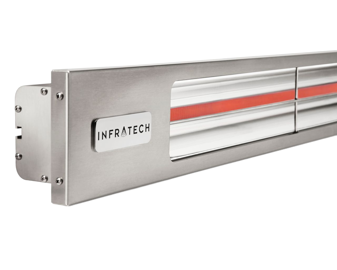 Stainless steel infrared heater with a red heating strip and INFRATECH label