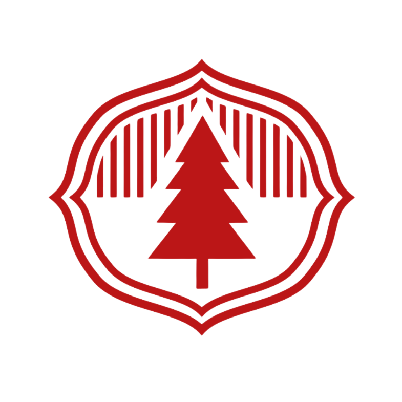 A red, stylized pine tree centered inside an ornate, rounded frame with vertical stripes behind the tree.
