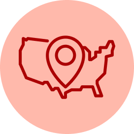 A red map pin icon centered over a dark red outline of the United States, set against a soft pink circular background.