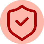 A dark red shield icon with a matching checkmark inside, set against a pale pink circular background.