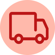 A dark red line-art icon of a delivery truck centered inside a light pink circle.