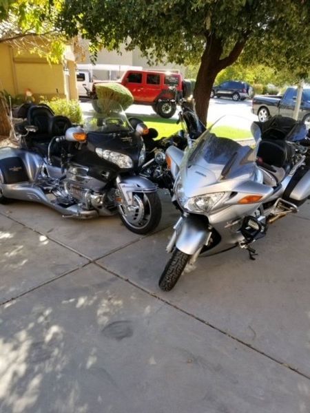 Two touring motorcycles parked on a paved driveway in front of a tree.