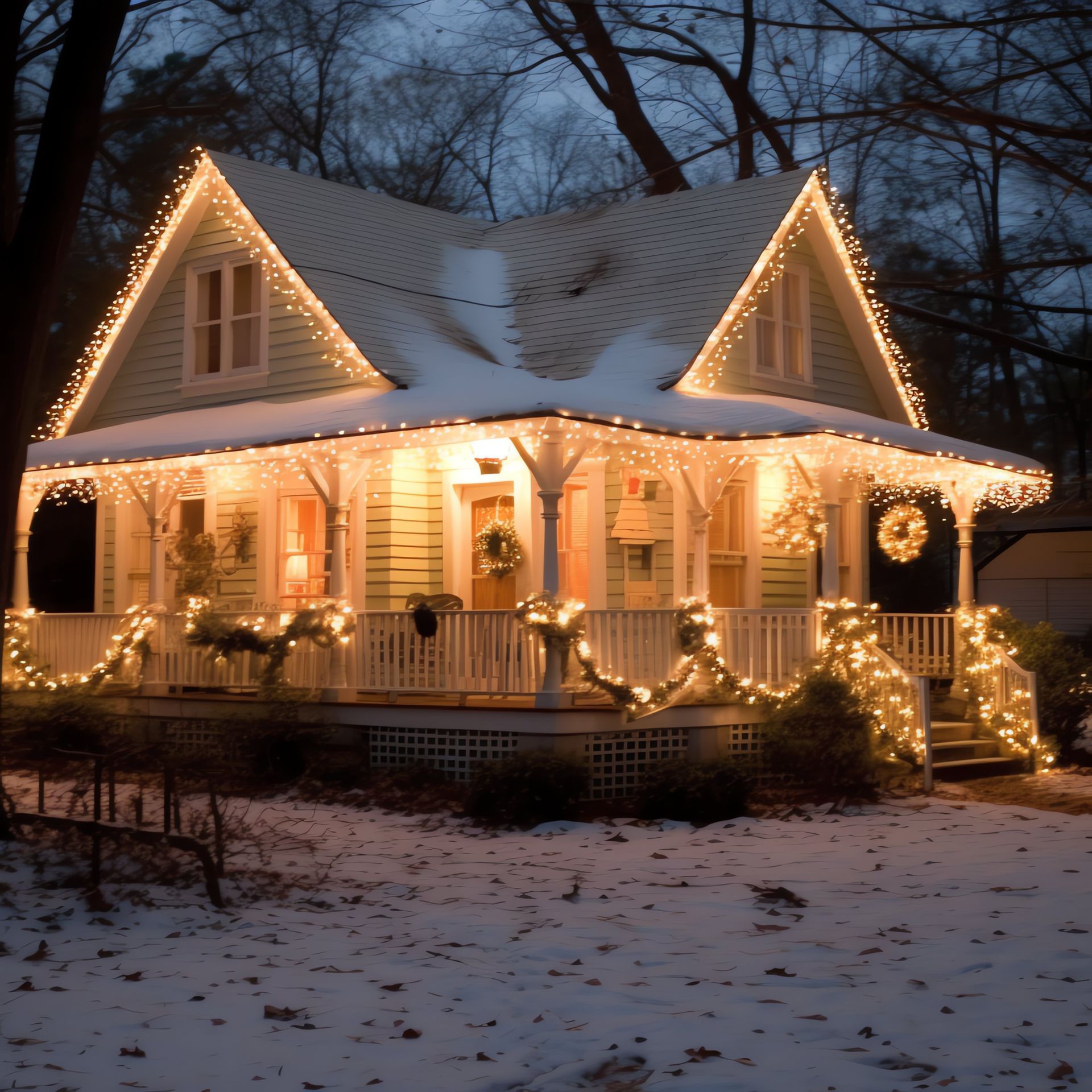 A house with christmas lights on the porch and roof