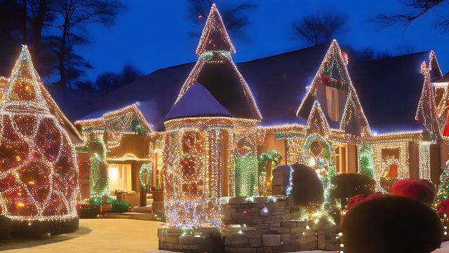 A house is decorated with christmas lights at night