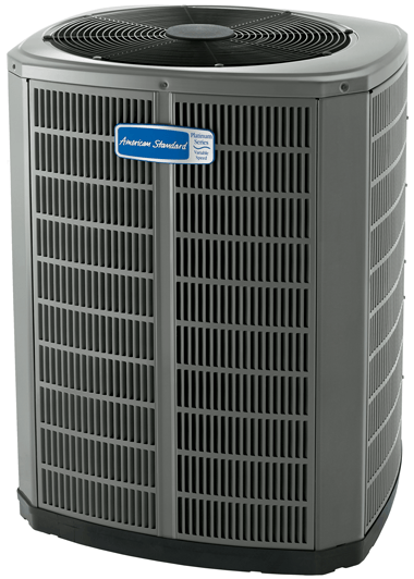 American Standard air conditioner unit, gray with blue emblem.