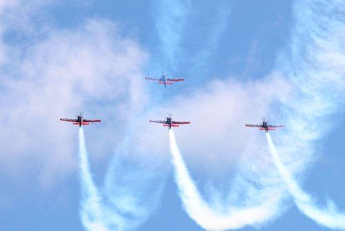 Three airplanes are flying in formation in the sky