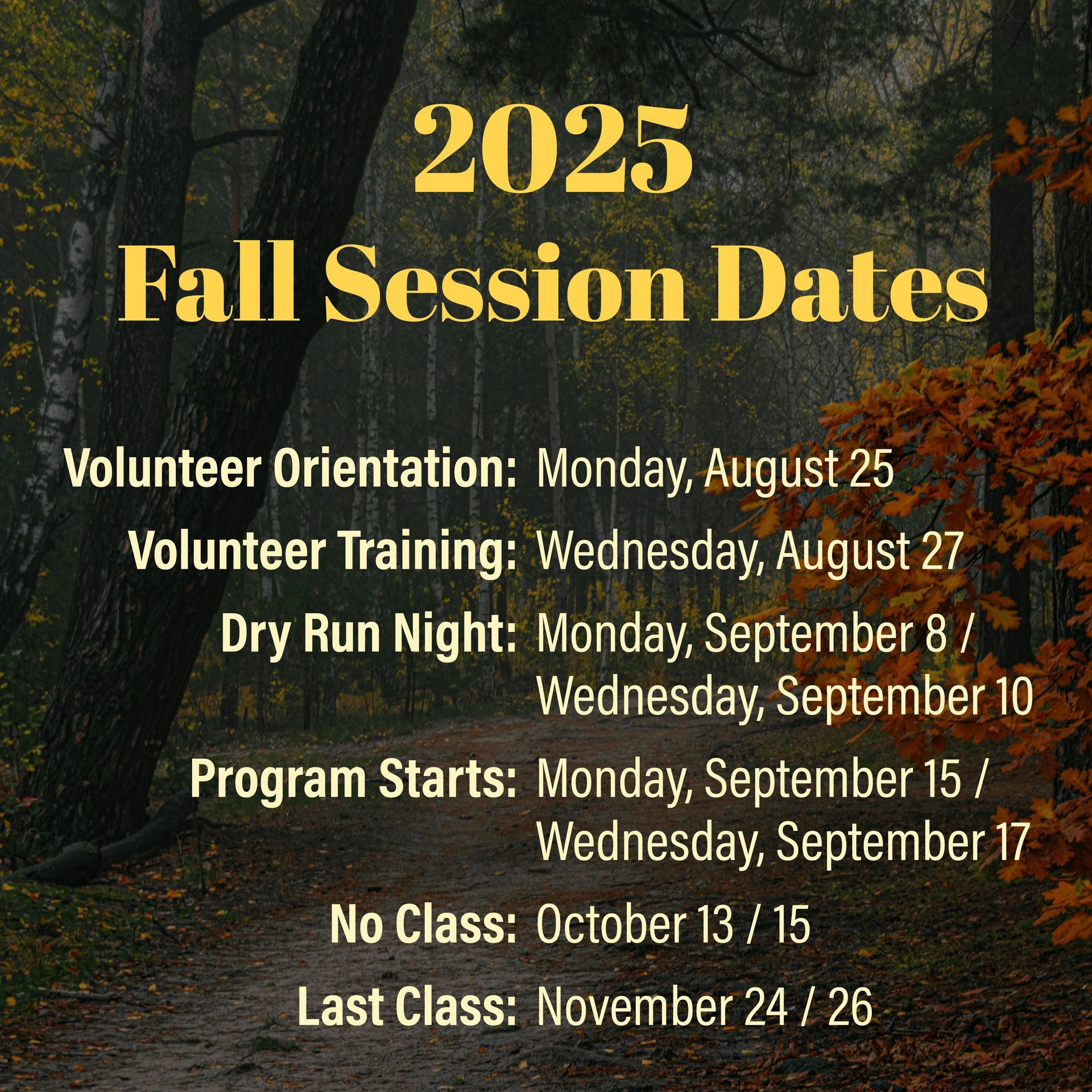 A spring program dates poster with a picture of daisies in the background