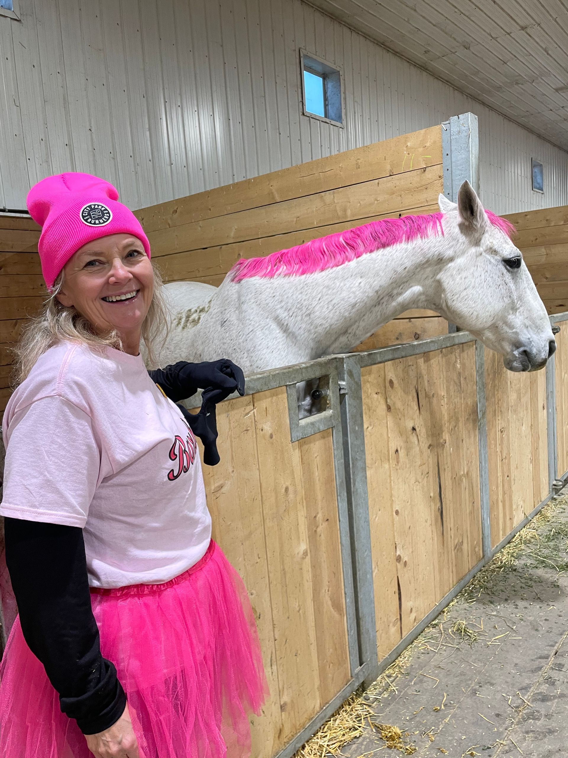 Woman in pink tutu and hat, horse with pink streaks, in a stable.