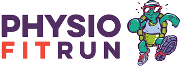 PHYSIO FIT RUN logo with purple and red text and a cartoon runner in teal athletic gear