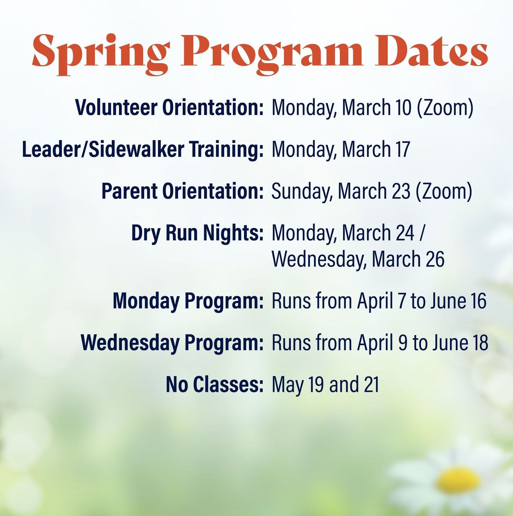 A spring program dates poster with a picture of daisies in the background