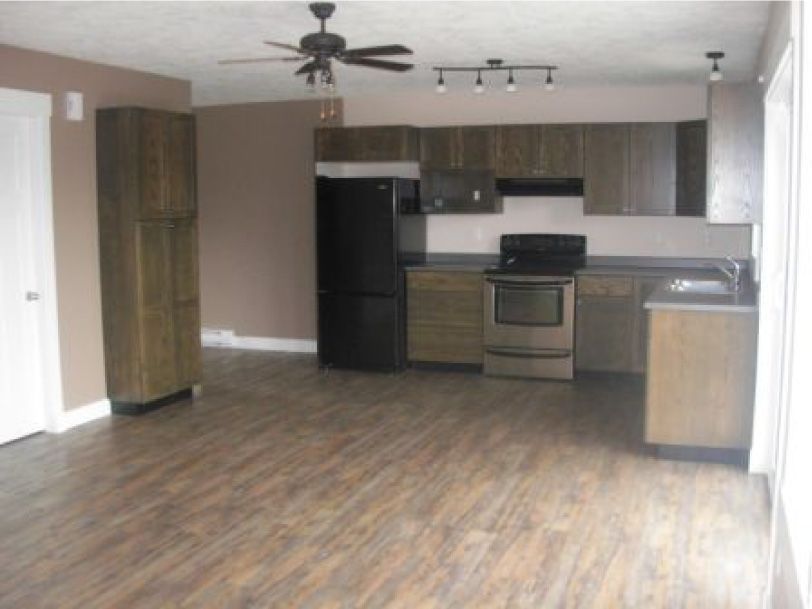 An empty kitchen with a ceiling fan above the refrigerator