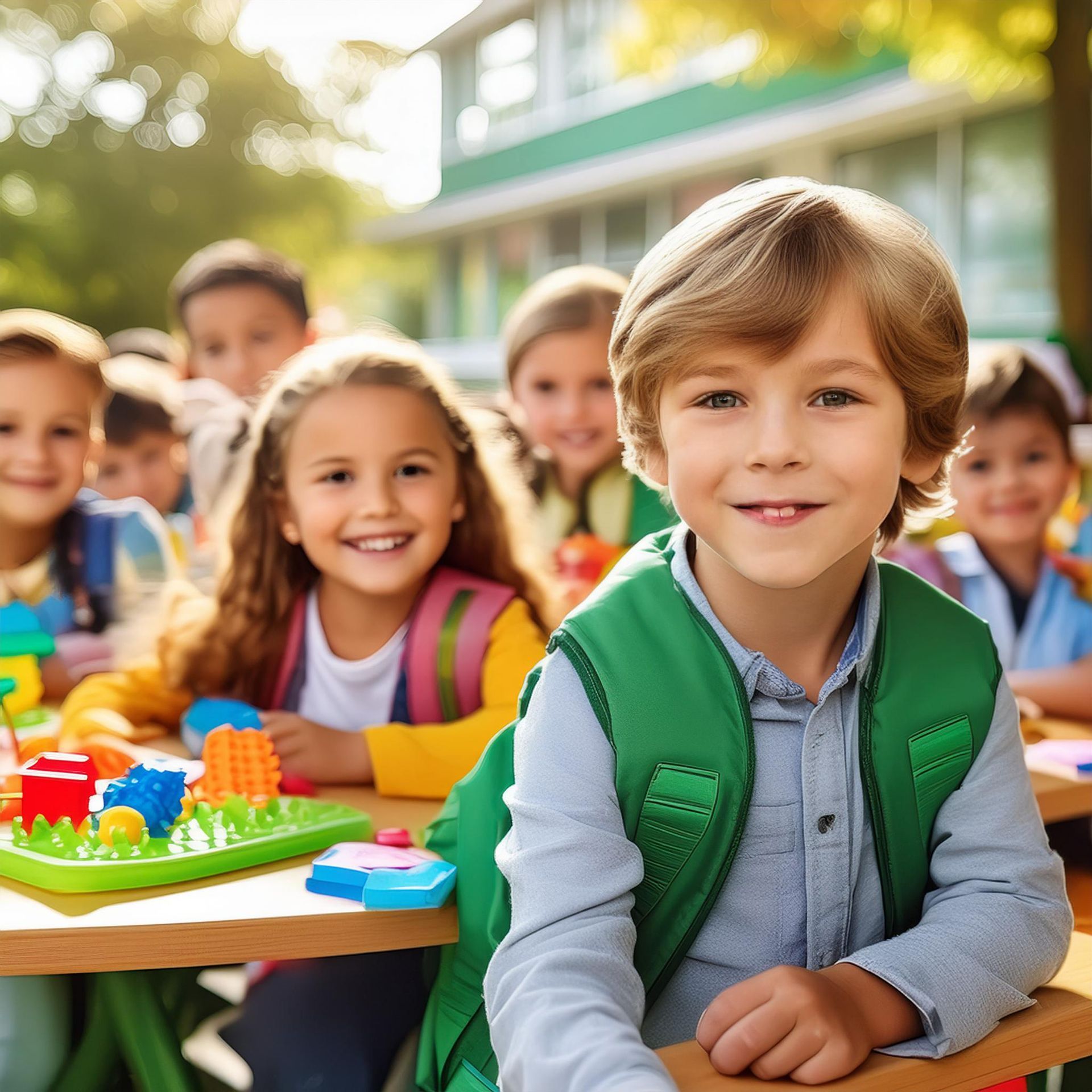 A boy in a green vest is sitting at a table with other children