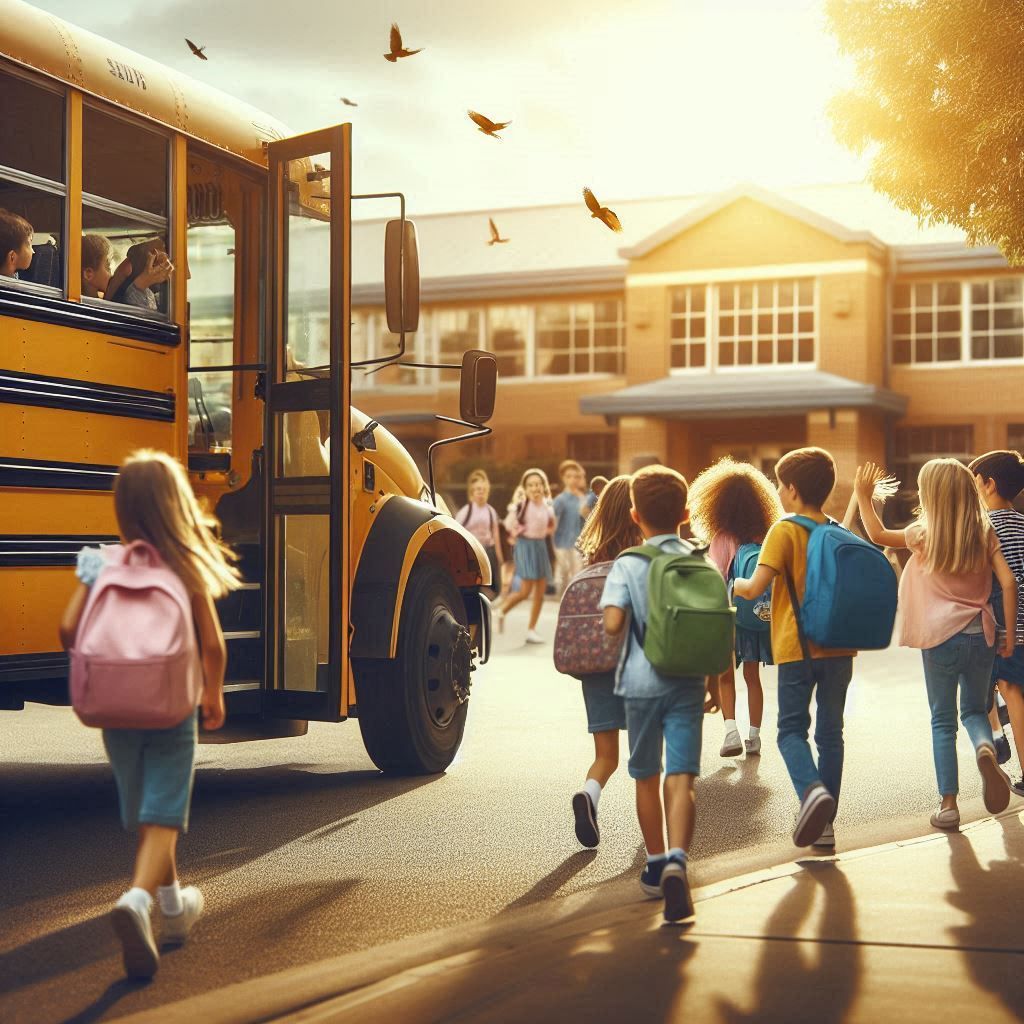 A group of children are walking towards a school bus.