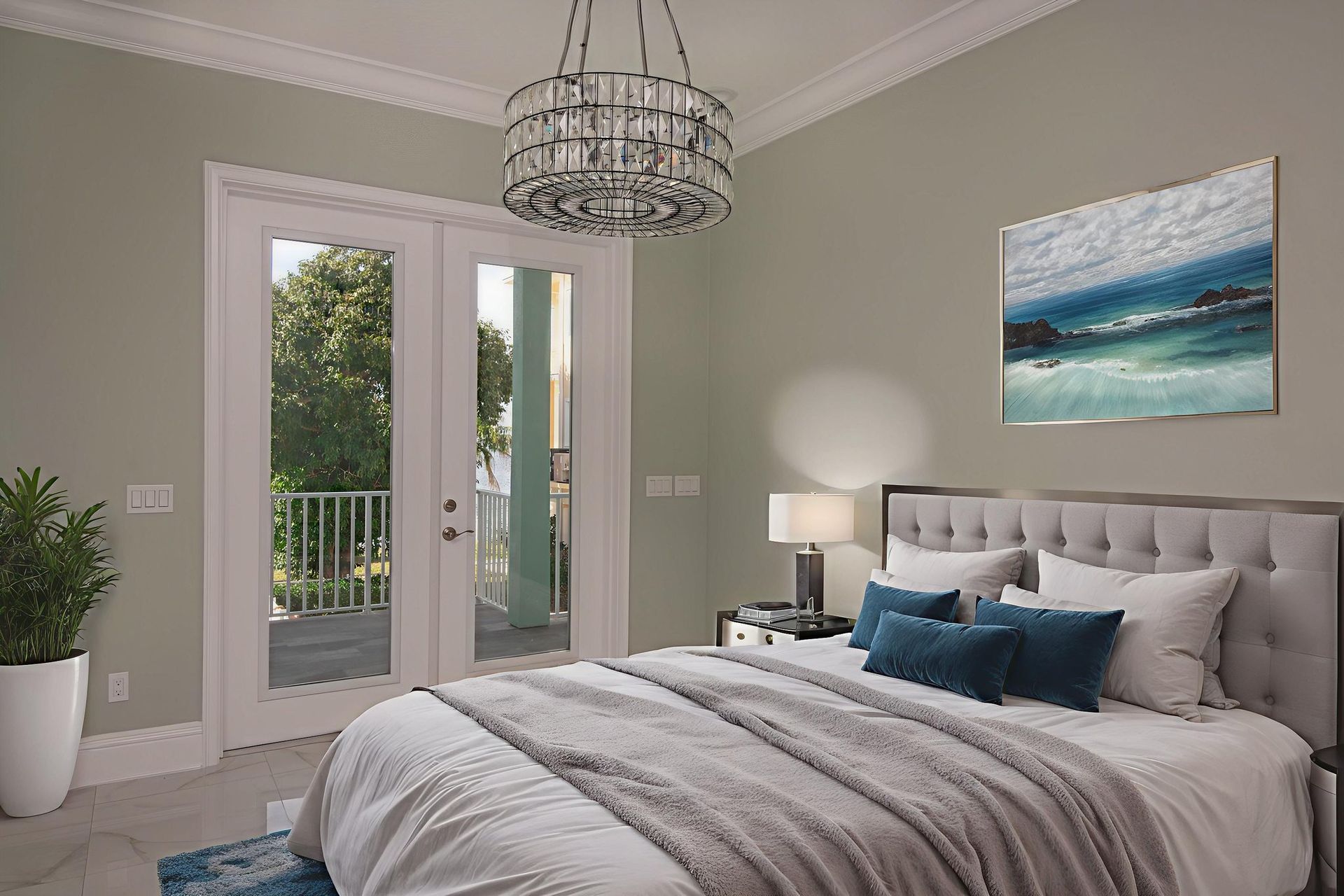 Modern white kitchen with gray island, stainless steel appliances, and pendant lights.