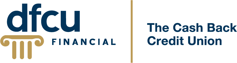 Logo for DFCU Financial, a credit union, with text and a gold column design.