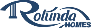 Logo for Rotunda Homes, a home building company. Features dark blue script and architectural pillar.