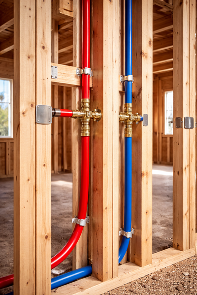 Red and blue PEX plumbing pipes installed on wooden wall studs in a room under construction.