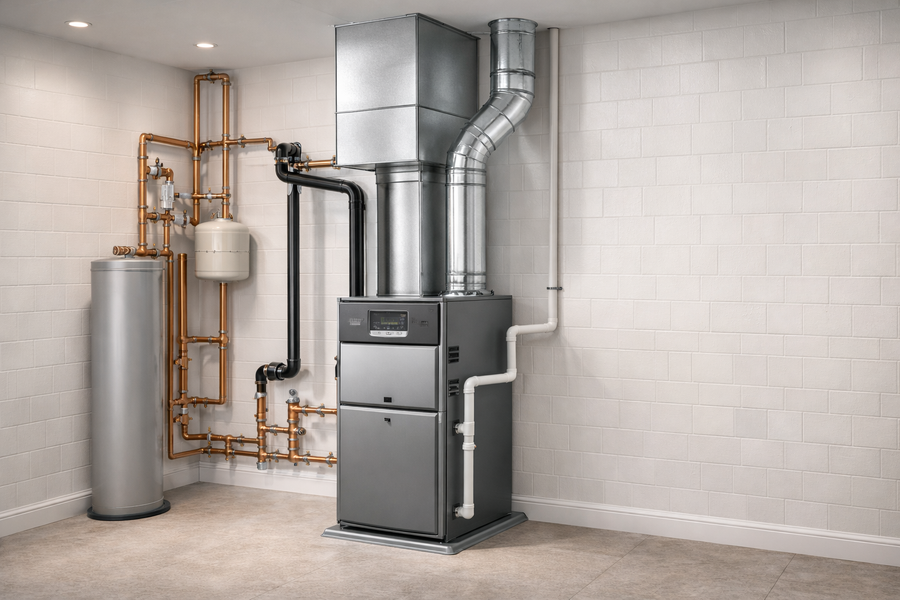 A grey HVAC furnace and water heater with copper plumbing installed against a white brick wall in a basement.
