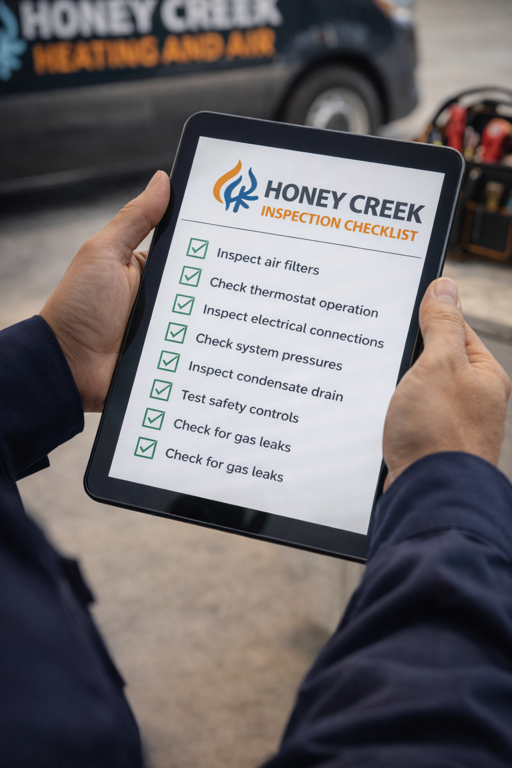 A technician holding a tablet displaying a 