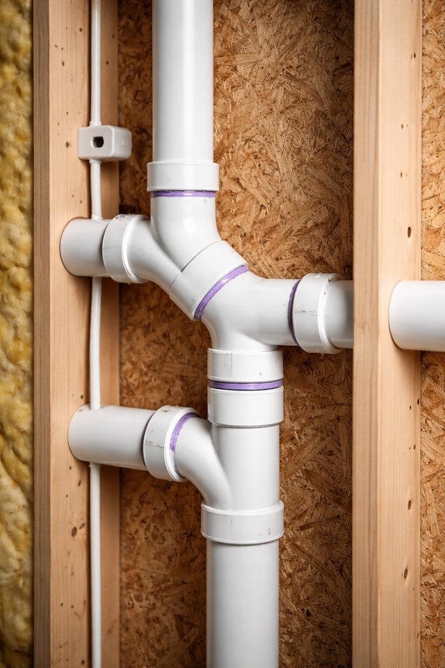 White PVC drainage pipes joined with purple primer, installed between two wooden wall studs in a home under construction.