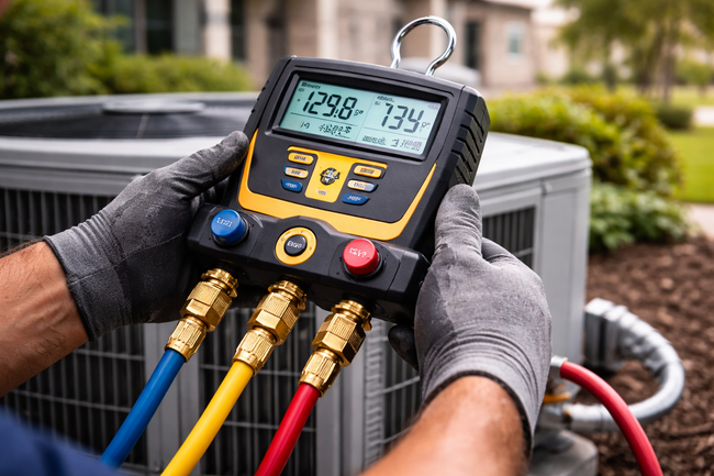 A technician in gray gloves holds a digital HVAC manifold gauge connected to an outdoor air conditioning unit.