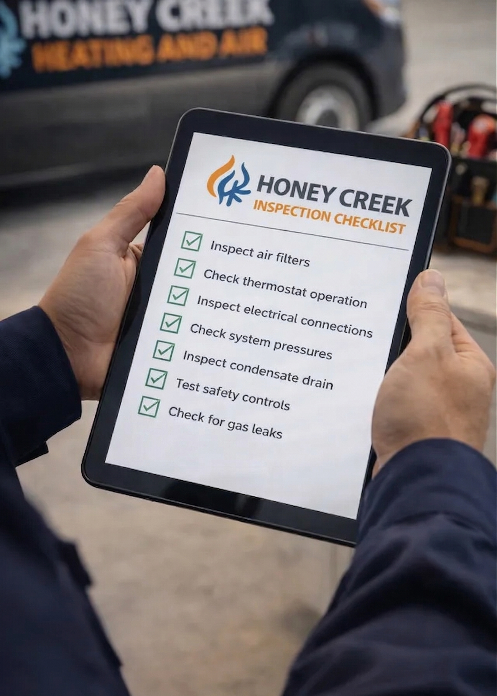 A technician holding a tablet displaying a 