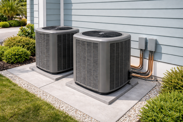 Two gray residential air conditioning units sit side-by-side on concrete pads against a light blue house exterior.