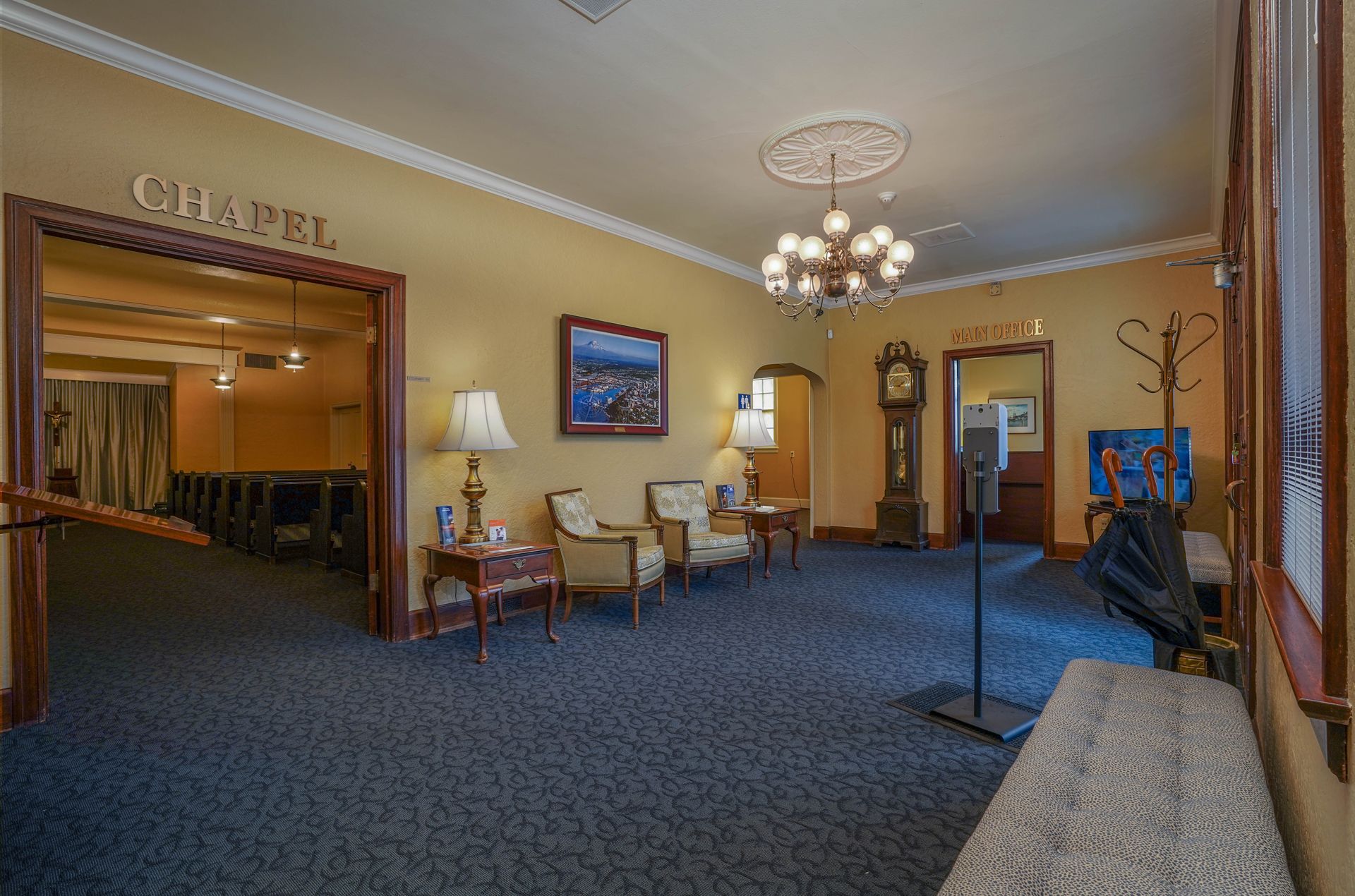 There is a clock in the middle of the room.