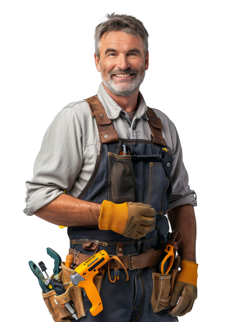 A man wearing overalls and gloves is holding a tool belt.