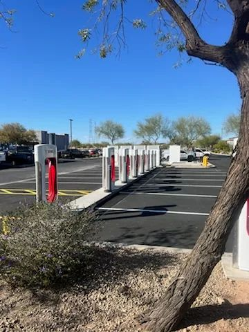 A row of tesla charging stations in a parking lot with a tree in the foreground.