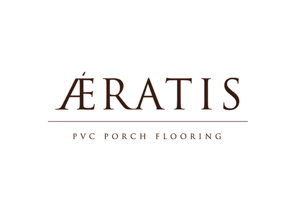 Logo for Aeratis PVC porch flooring; brown text on white background.
