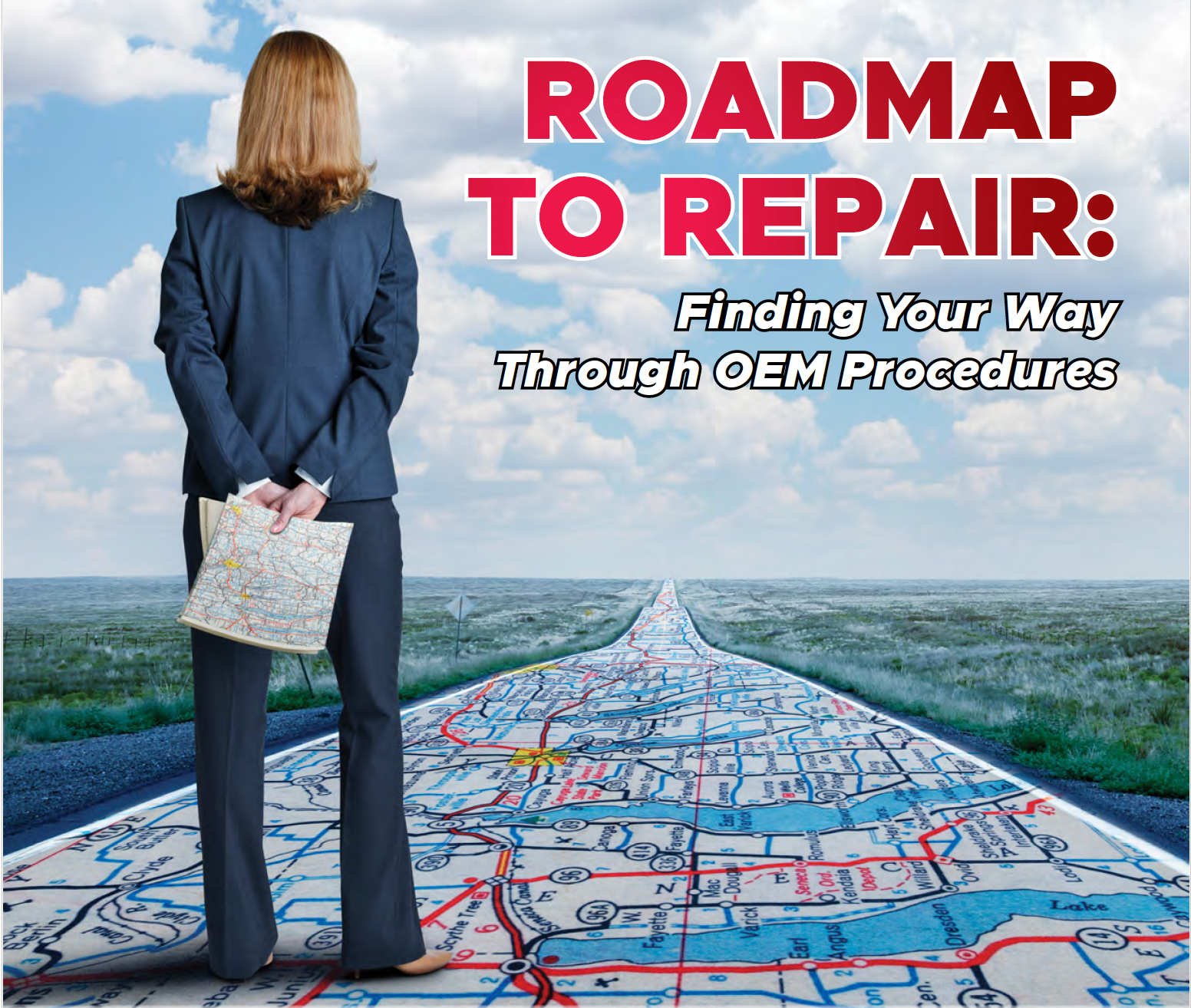 Road map graphic with a person facing it and the title “ROADMAP TO REPAIR: Finding Your Way Through OEM Procedures”