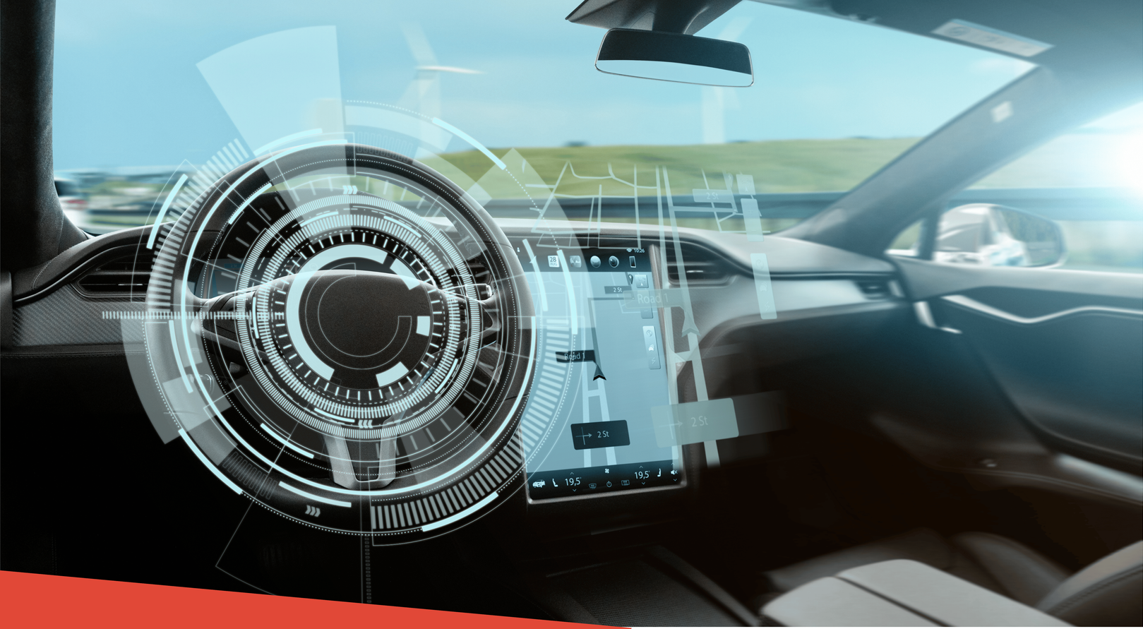 A futuristic car interior featuring a digital holographic display and a large touch screen showing navigation.