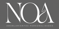 Logotipo para NOA Diseño, empresa de diseño de muebles. Letras azul oscuro y marrón con ilustraciones de sillas.