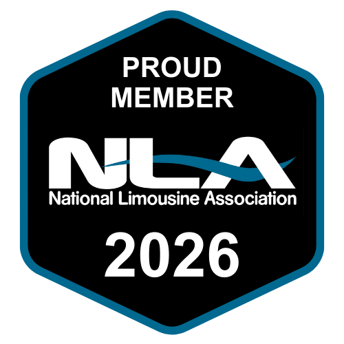 Black and teal hexagonal badge for the National Limousine Association. Reads 