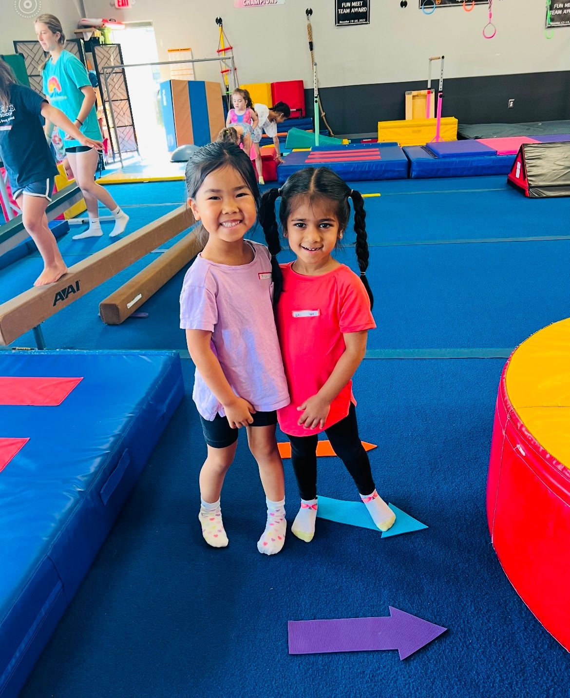 Two little girls are standing next to each other in a gym.