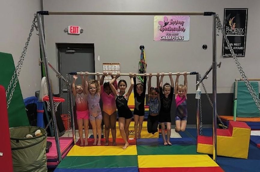 A group of young girls are posing for a picture in a gym.