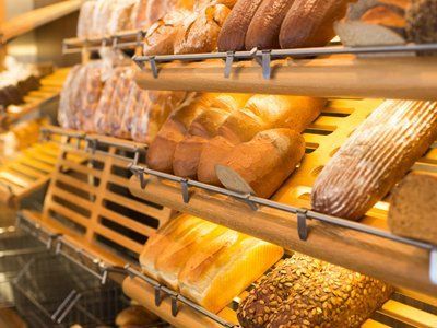 Shelves of freshly baked loaves