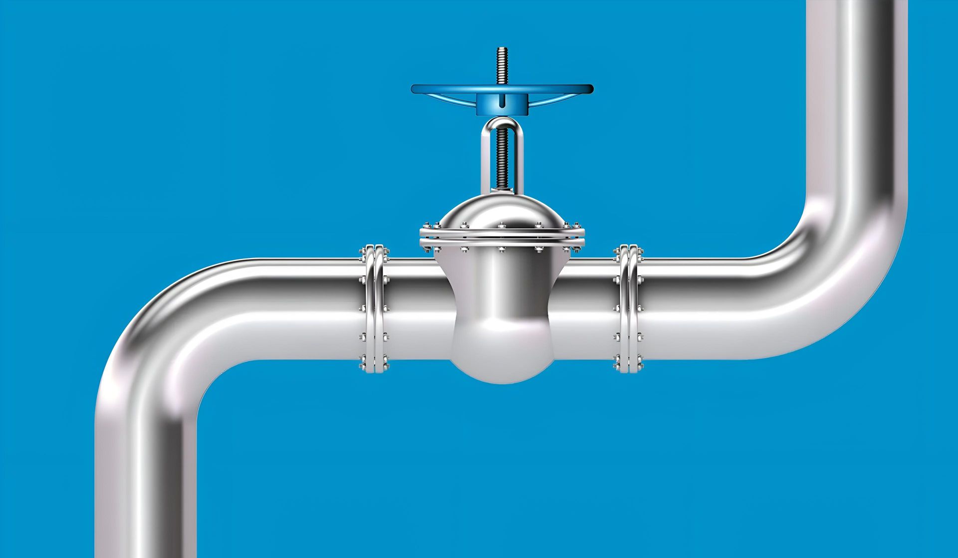 Silver pipe with valve tap on blue background