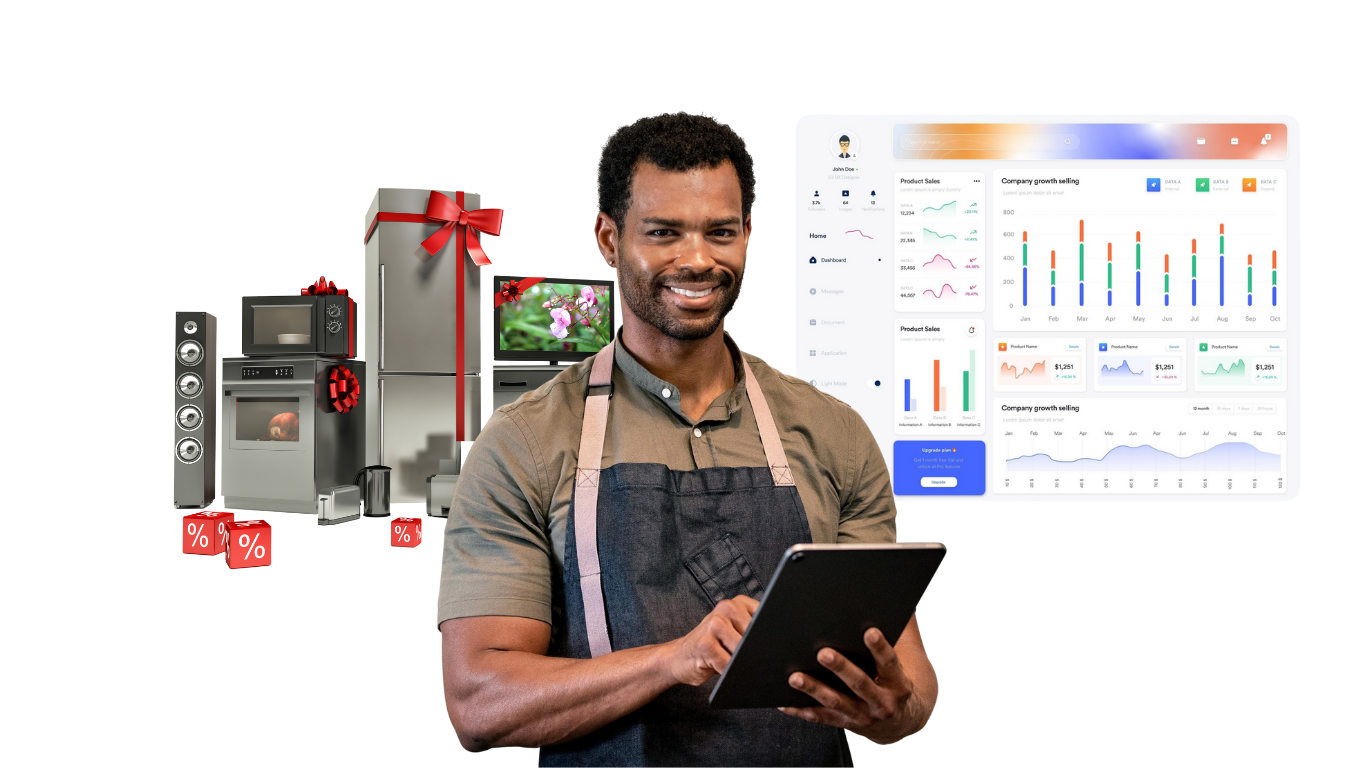 Smiling man with tablet, surrounded by appliances and data charts.