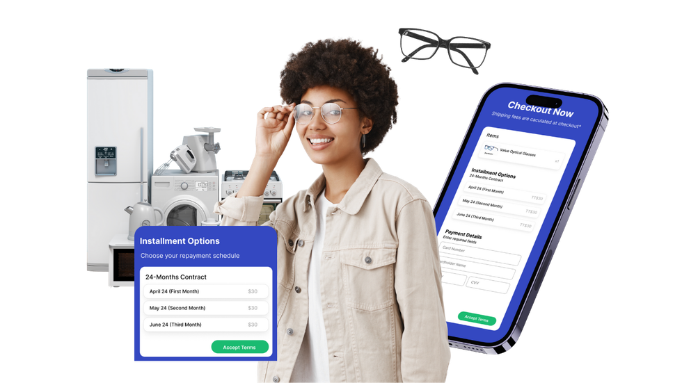 Woman adjusting glasses, smiling, with appliances, phone, and app interface, all on a white background.