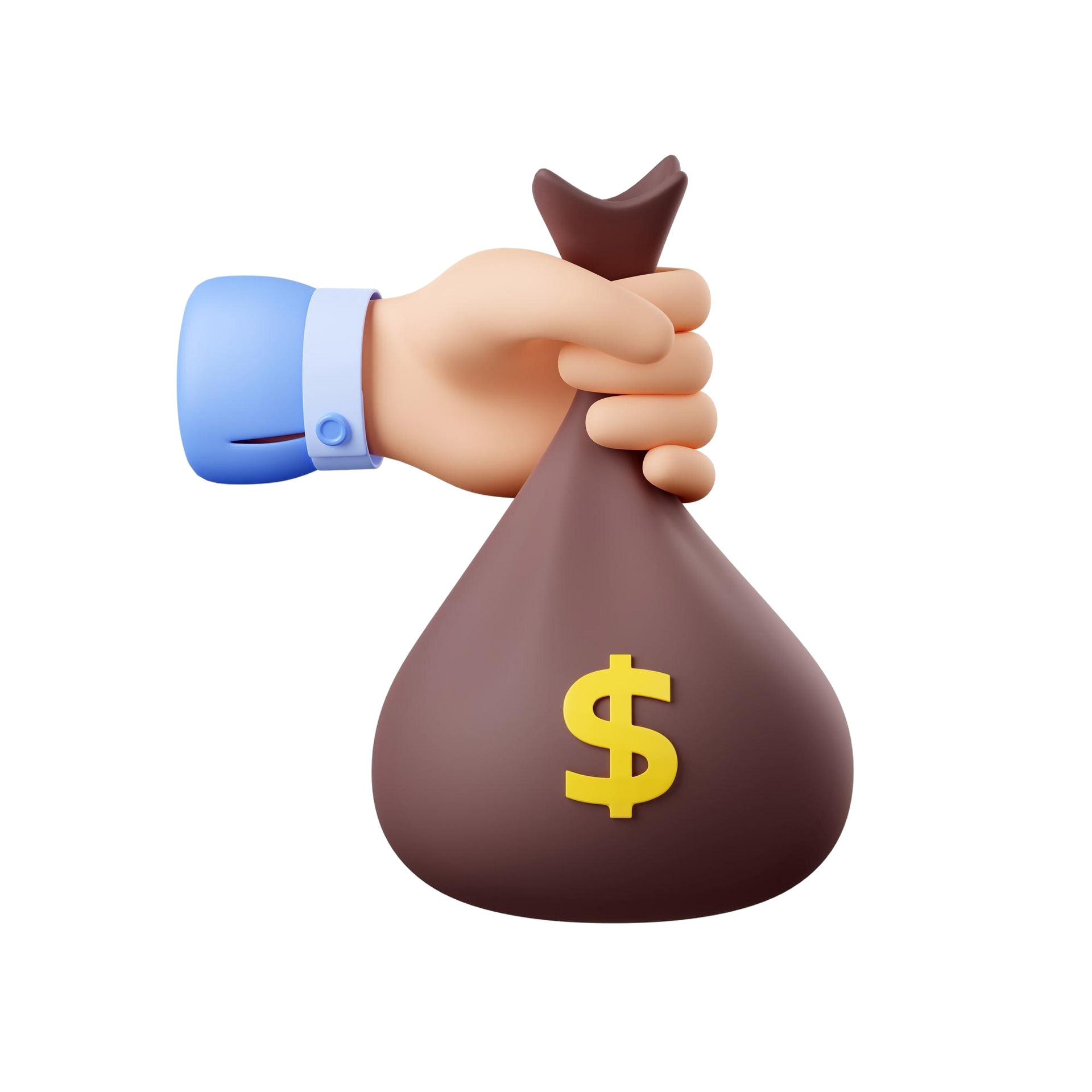 A hand holding a brown money bag with a yellow dollar sign.