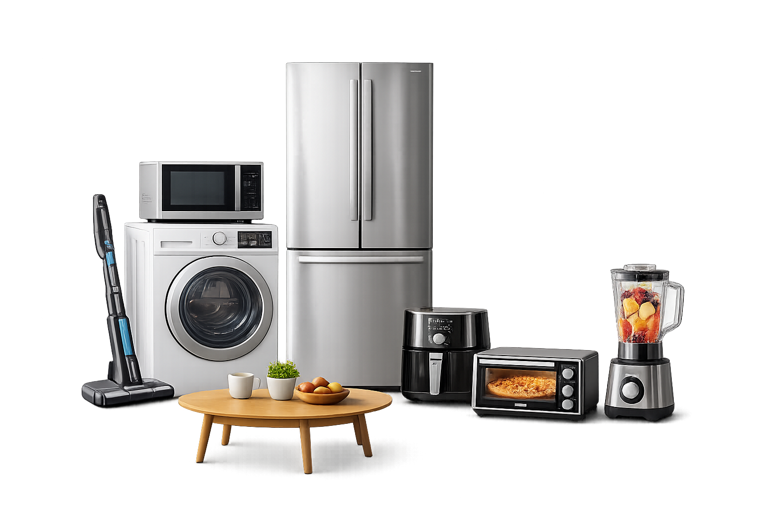 Three white appliances: oven, washing machine, and refrigerator on wheeled carts.