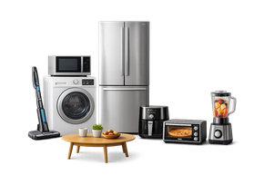 Assortment of modern home appliances: refrigerator, washer, vacuum, microwave, air fryer, toaster oven, blender.